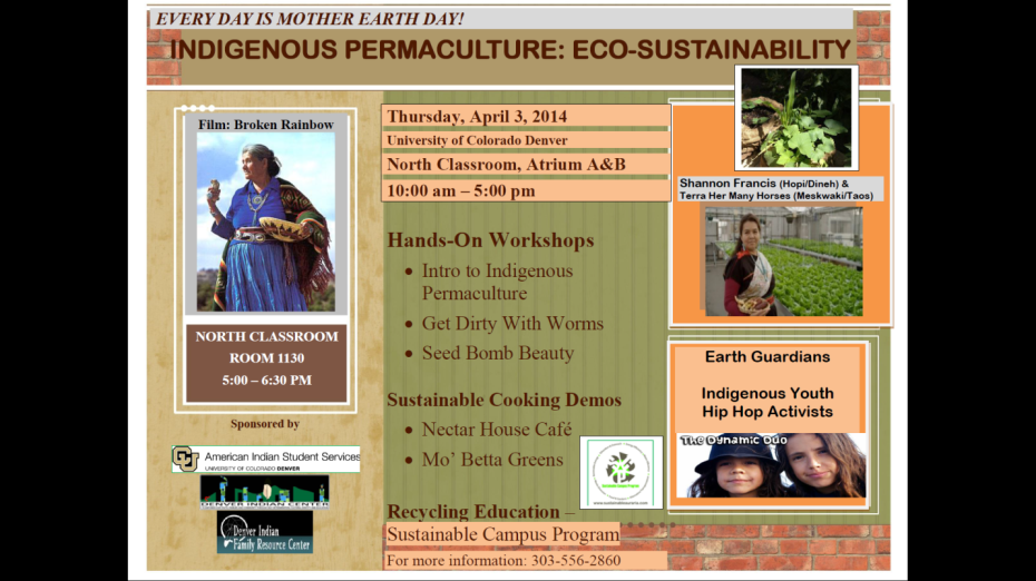 Indigenous Sustainabilty Eco Sustainability Event at UCD April 3rd!